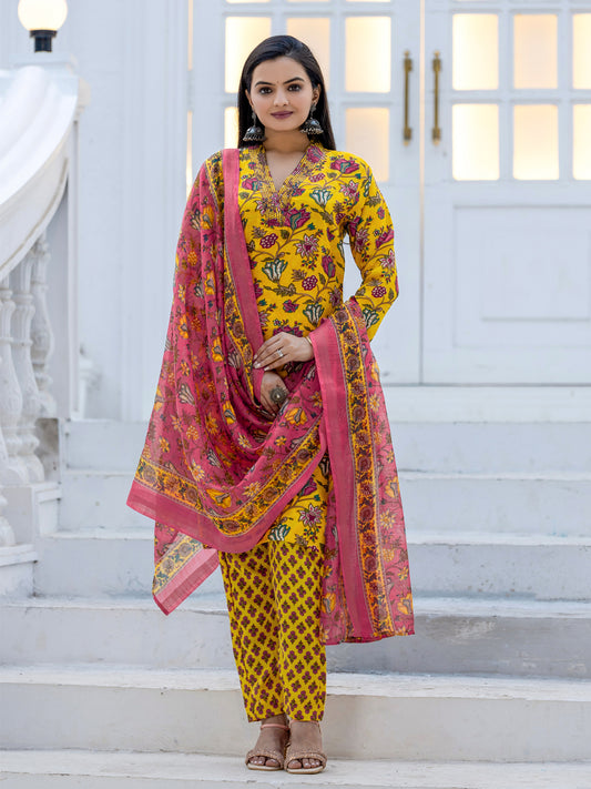 Vibrant Mustard Yellow Floral Jaal Kurta Set with Contrasting Pink Dupatta