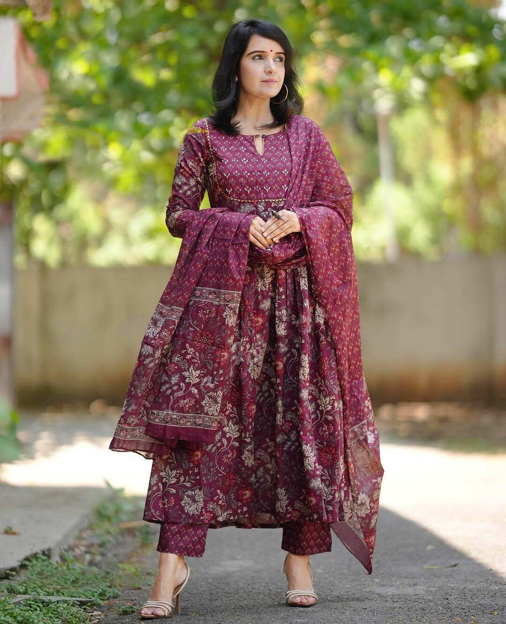 Wine Maroon Floral Printed Anarkali Kurta Set with Cotton Dupatta