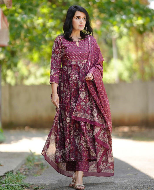 Wine Maroon Floral Printed Anarkali Kurta Set with Cotton Dupatta