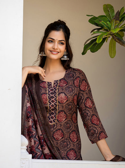 Elegant Maroon and Navy Kalamkari Print Cotton Kurta Set with Dupatta