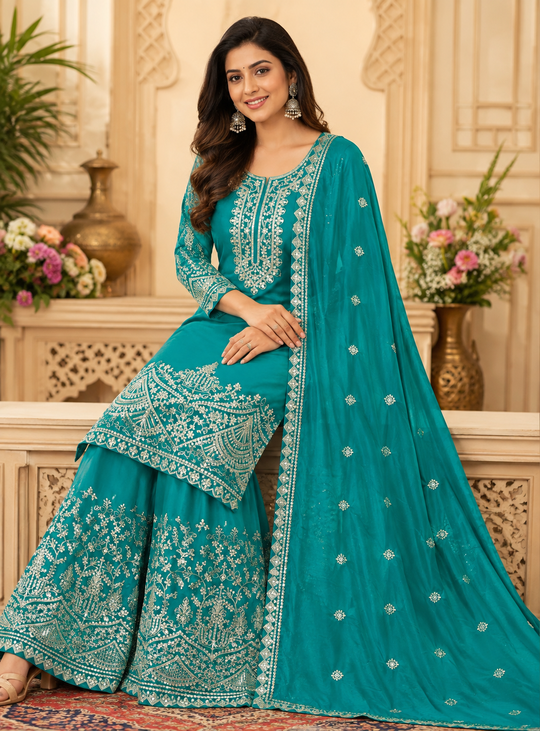 Women's Palazzo Suit in Teal Blue Pure Cinon Silk with Sequins and Coding Dori Embroidery