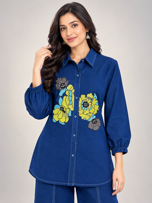 Women's Co-Ord Set in Indigo Blue Cotton with Floral Embroidery
