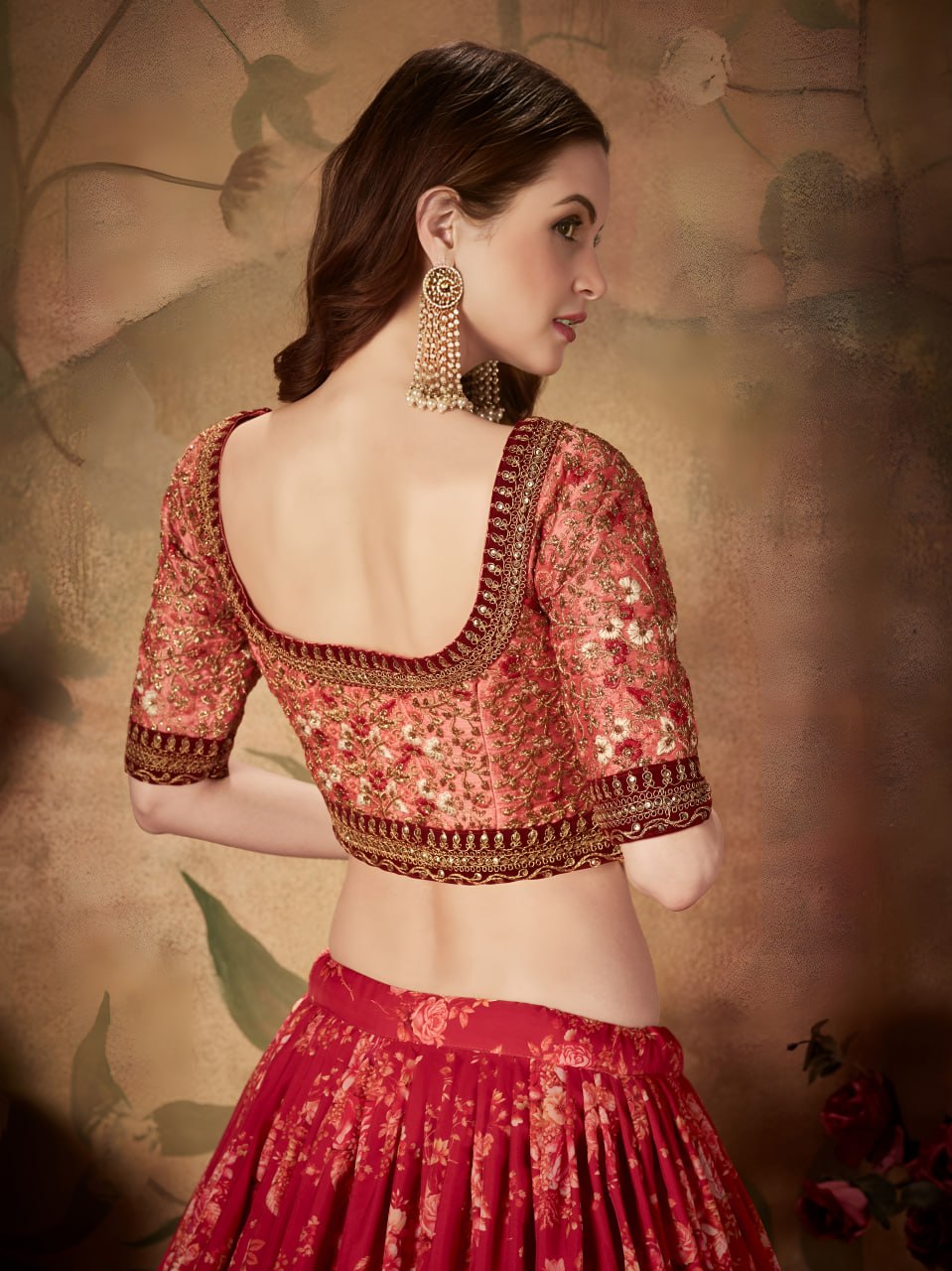 Red Floral Lehenga Choli with Embroidered Blouse
