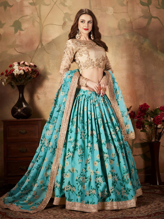 Sky Blue Floral Lehenga Choli with Golden Embroidered Blouse