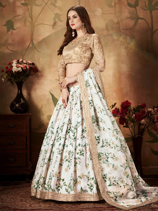 Ivory Floral Lehenga Choli with Golden Embroidered Blouse