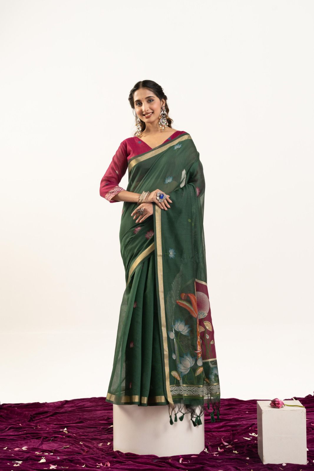 Premium Soft muga cotton sareeMUGA COTTON ELEPHANT Premium Soft muga cotton saree with beautiful rajwadi concept weaving pallu with lotus , musa and zari weaving border with all over lotus weaving butties and Contrast blouse piece