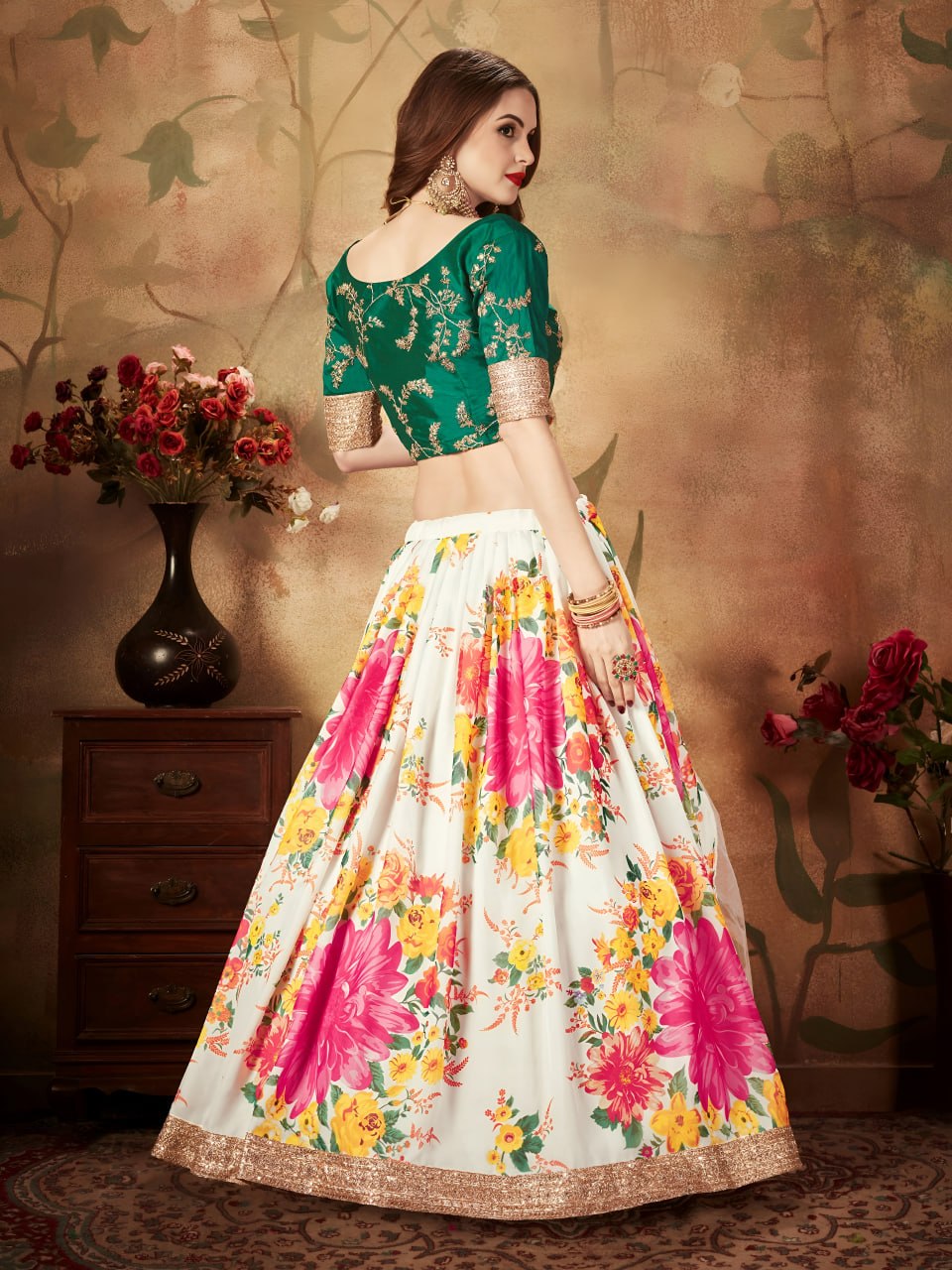 White Floral Lehenga Choli with Green Embroidered Blouse