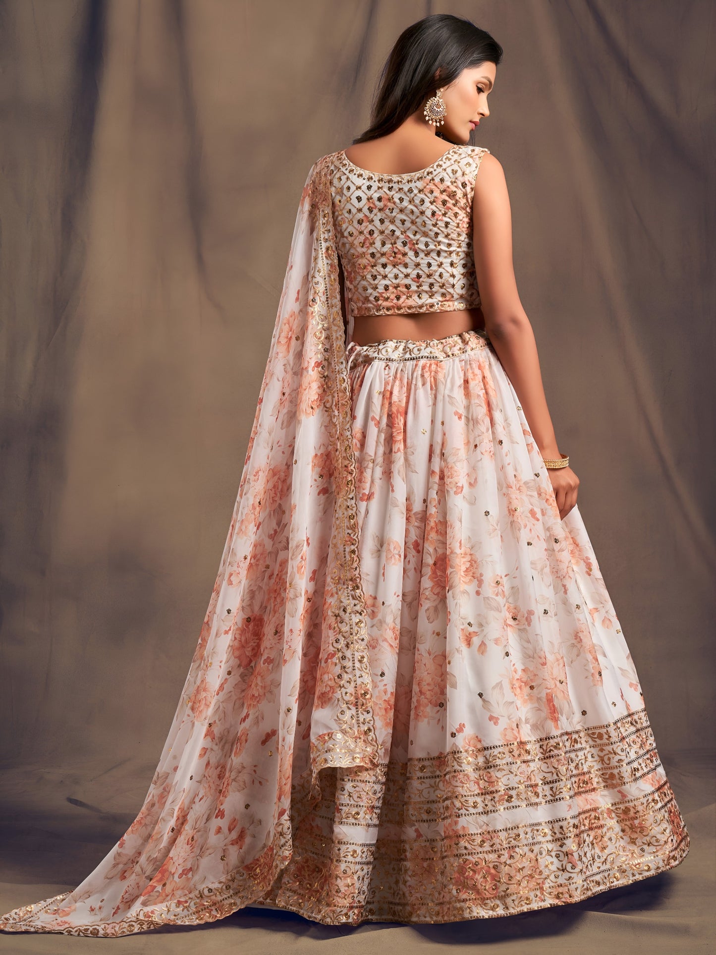 White & Peach Floral Printed Designer Lehenga Choli