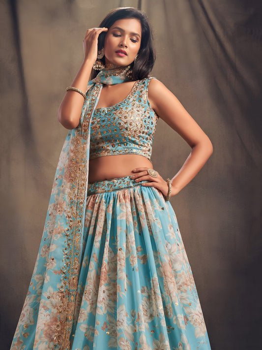 Sky Blue Floral Printed Designer Lehenga Choli