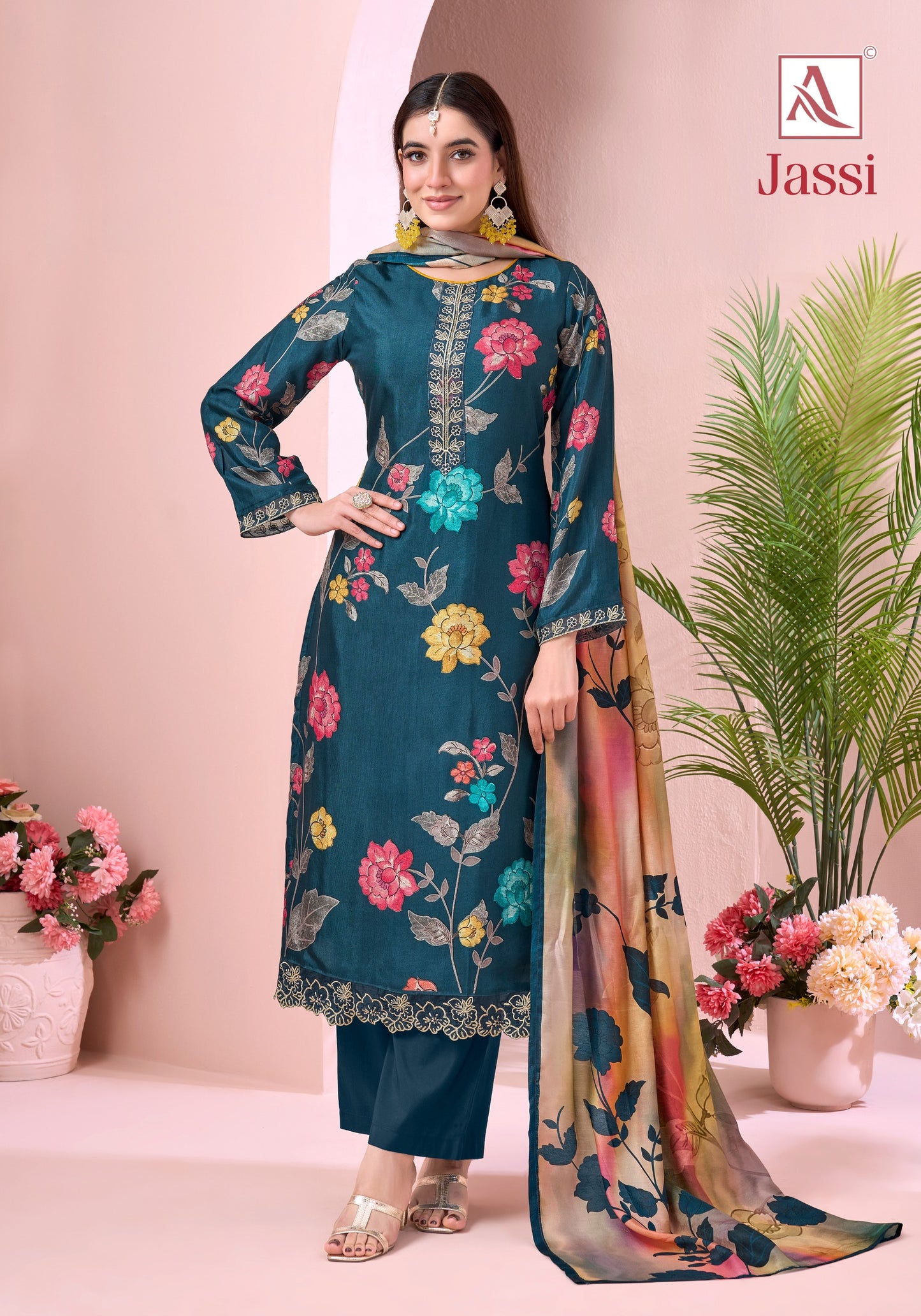 Viscose Maslin Designer Print With Exclusive Embriodery Work of salwar kameez