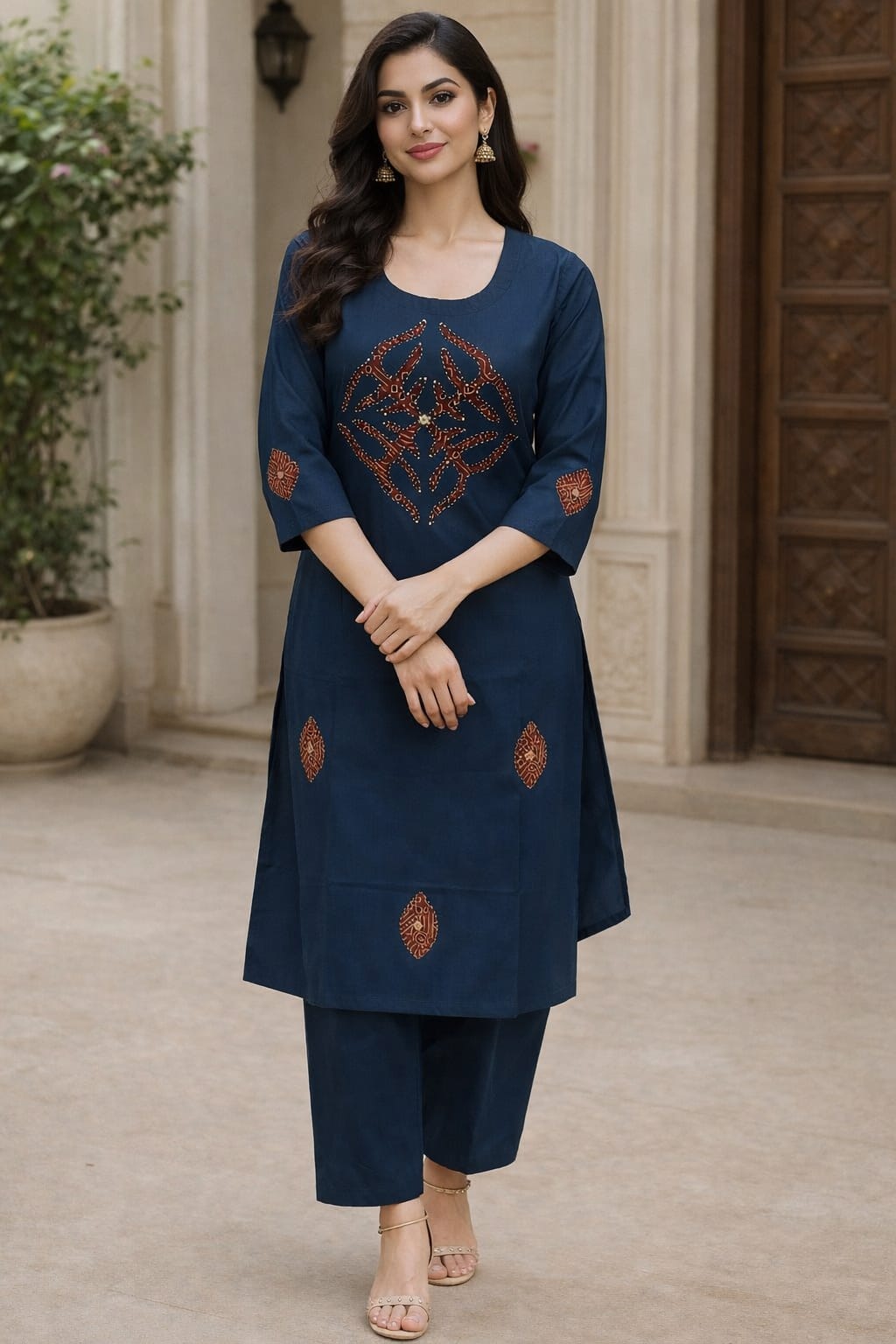 PREMIUM DHABU COTTON APLICK WITH KATHA WORKED A LINE TOP WITH PLAZO SET