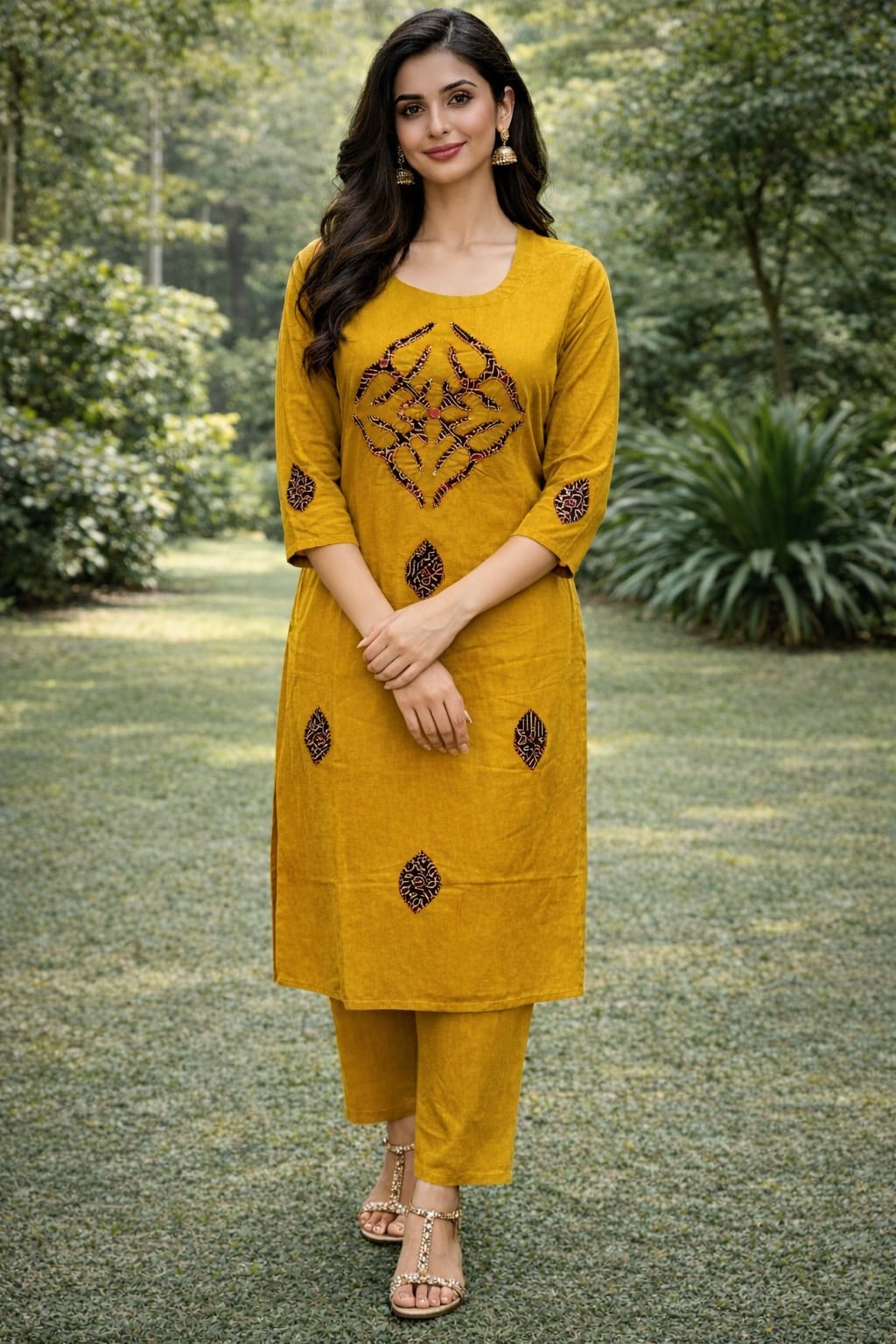PREMIUM DHABU COTTON APLICK WITH KATHA WORKED A LINE TOP WITH PLAZO SET
