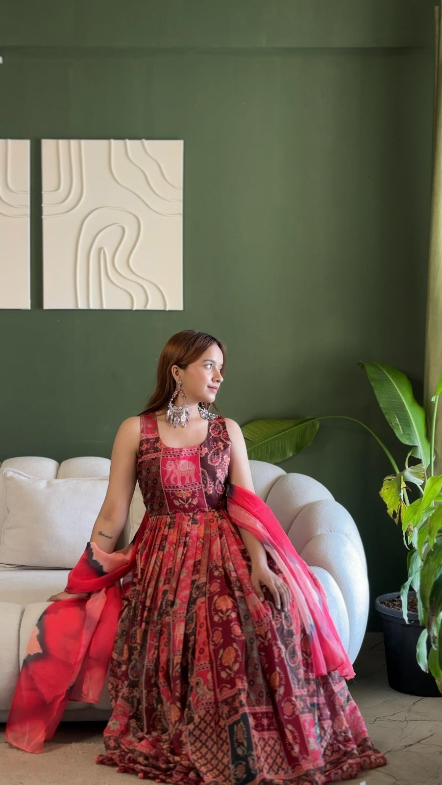 Elegant Patola printed festive gown with graceful flair