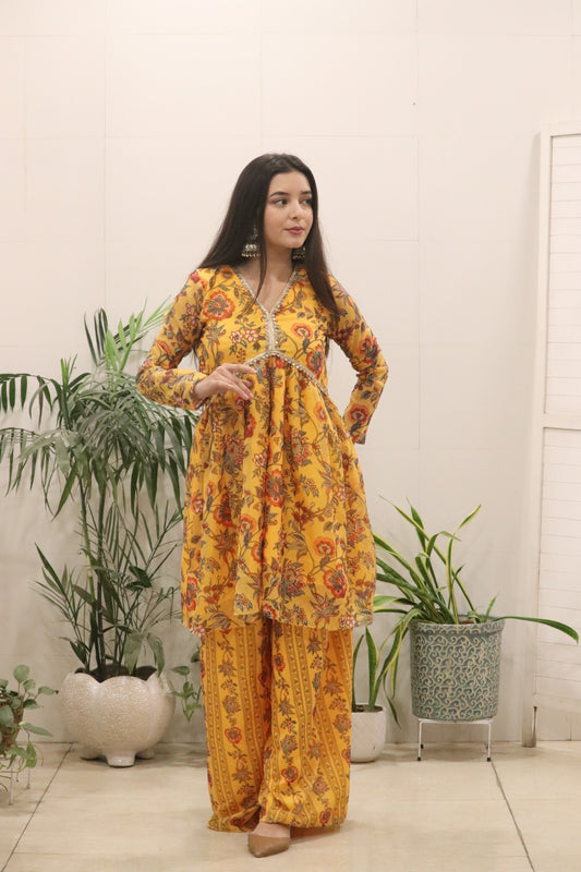 A beautiful Digital printed pure Organza silk flared kurti in a rich mustard yellow tone, adorned with all-over traditional floral prints.