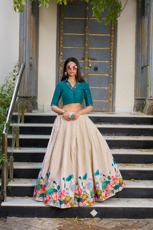 Unfold the beauty of Tussar florals of lehengha choli