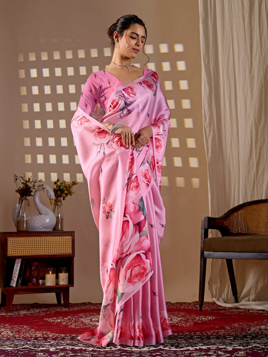 Elegant soft satin georgette saree featuring beautiful allover rose floral digital print in a soft baby pink tone, giving a graceful and charming look.