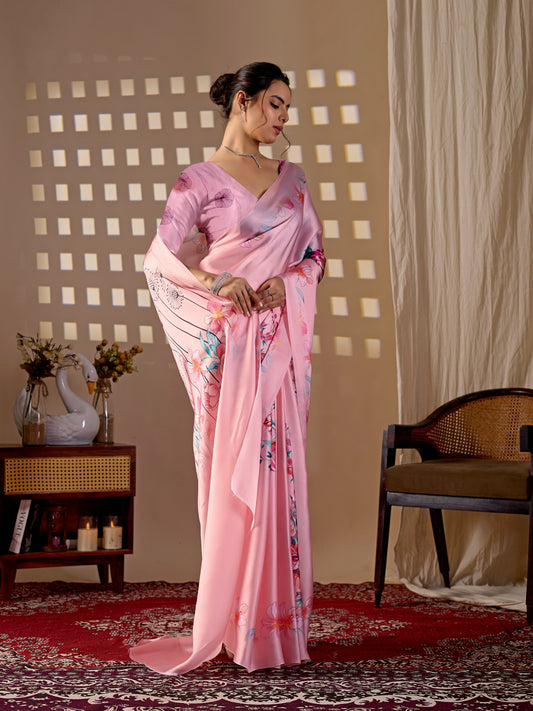 Elegant soft satin georgette saree featuring beautiful floral digital print saree