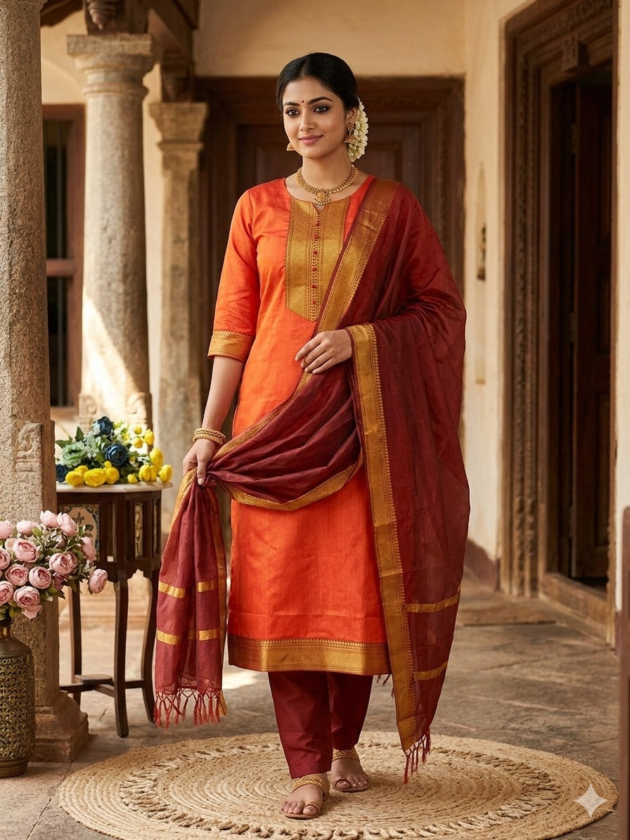 Elegant Kanchi Cotton Fabric Calf Length Straight Kurta Set