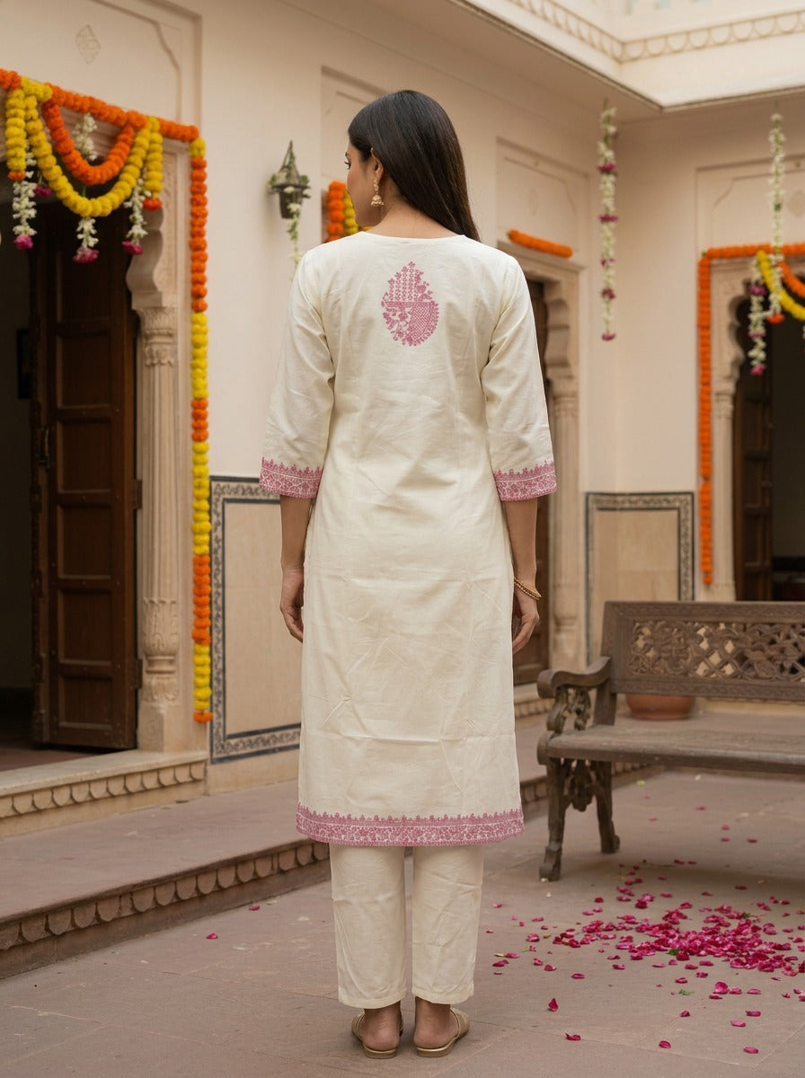Women's Premium Off White Embroidered Kurta Pant & Dupatta Set with Pink Thread Work for Festive and Traditional Wear