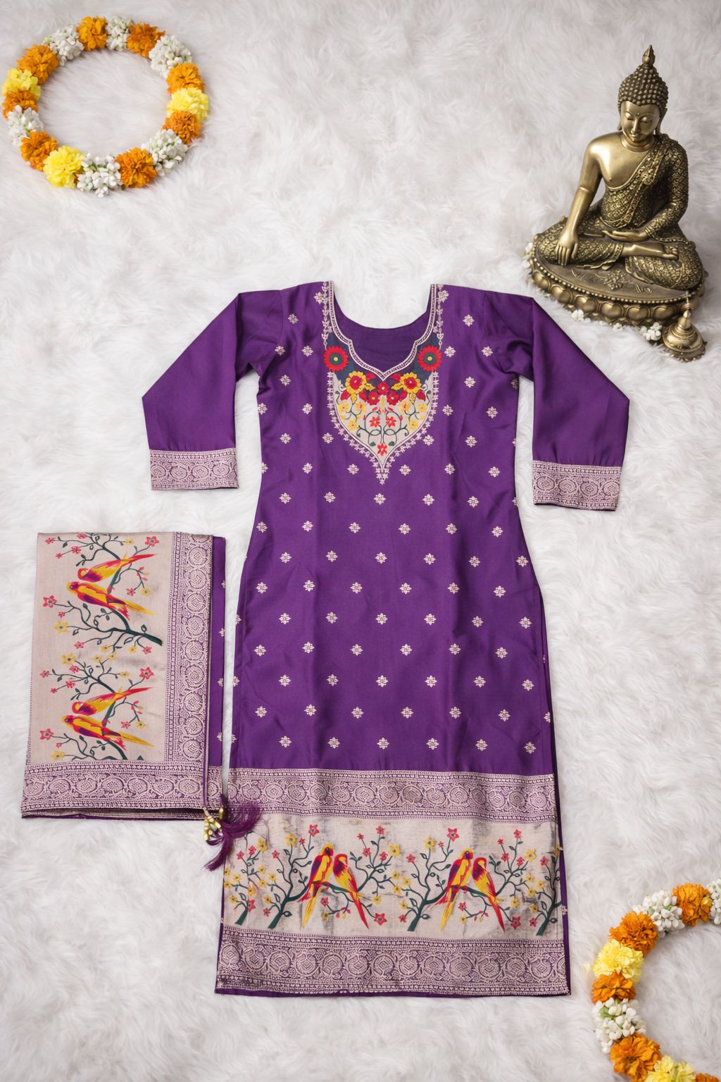 Royal Purple Ethnic Kurta Set with Intricate Floral Embroidered Neckline, Straight Pants and Jacquard Dupatta