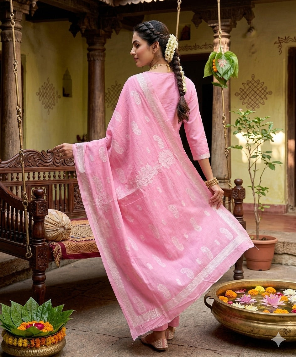 Elegant Pure Cotton Fabric Calf Length Straight Kurta Set