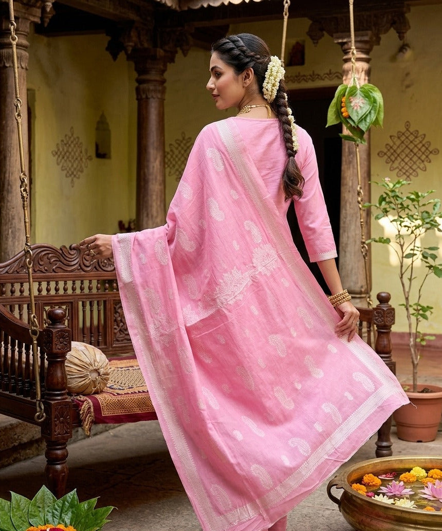 Women's Straight Kurta Set in Baby Pink Pure Cotton with Woven Floral Jacquard Design