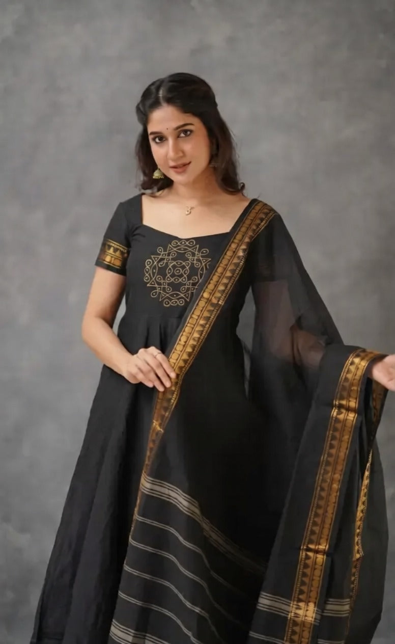 Introducing New Trendy Embroidery Kanchi Cotton Fabric Gown With Dupatta (2 Piece)