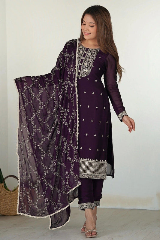 Deep Wine Georgette Straight Kurta Set with Embroidered Dupatta and Pants