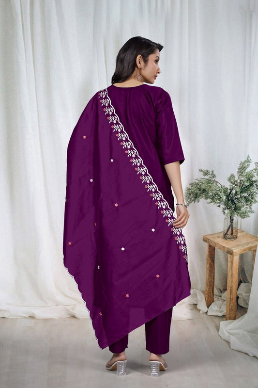 Elegant Embroidery Cotton Fabric Calf Length Straight Kurta Set