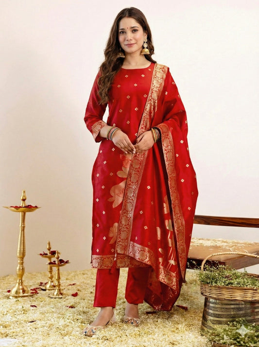 ✨ Women's Royal Red Banarasi Woven Kurti Pant & Dupatta Set ✨