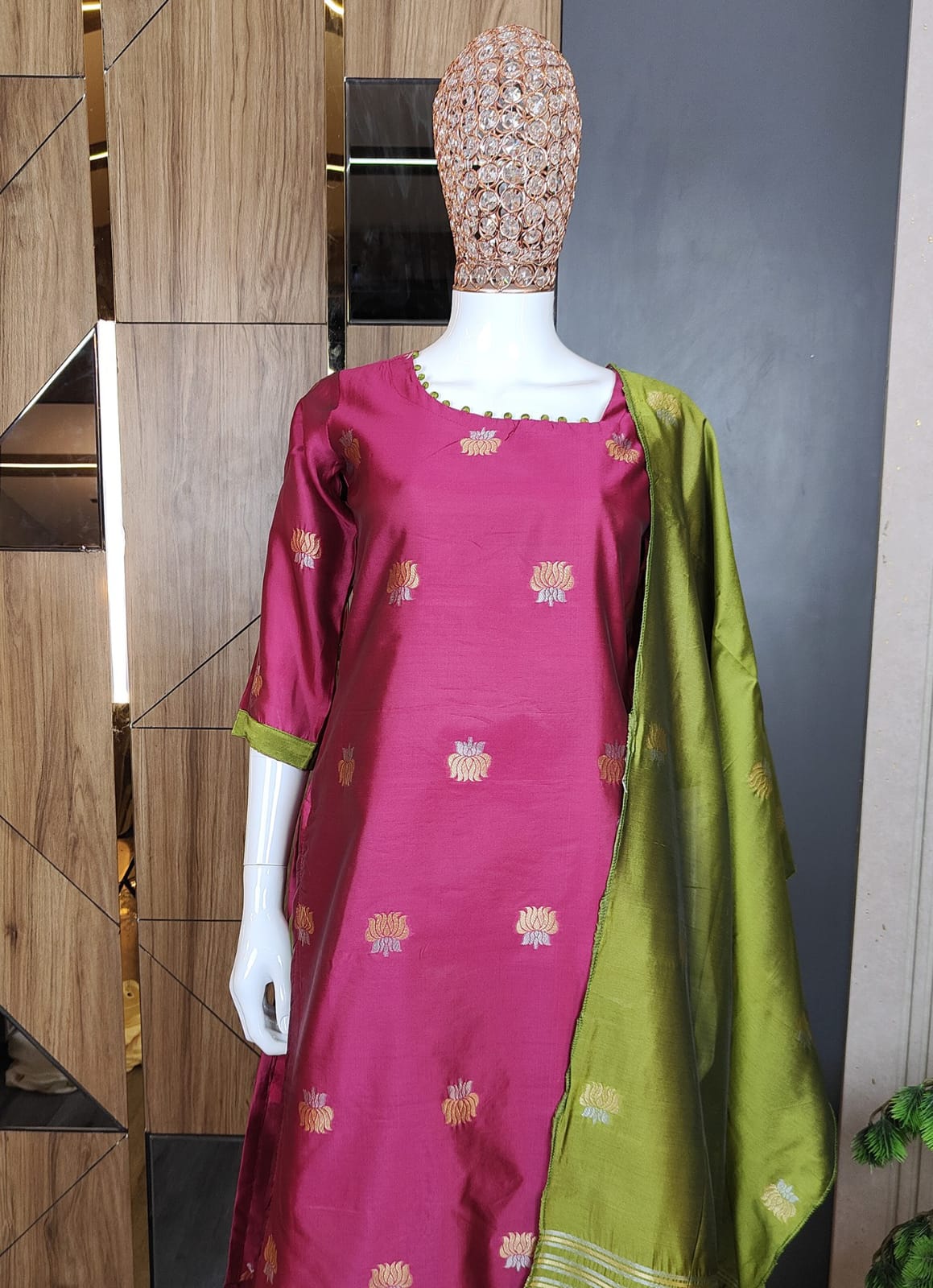 Magenta Pink Tussar Silk Straight Kurta Set with Olive Green Pants and Zari Border Dupatta