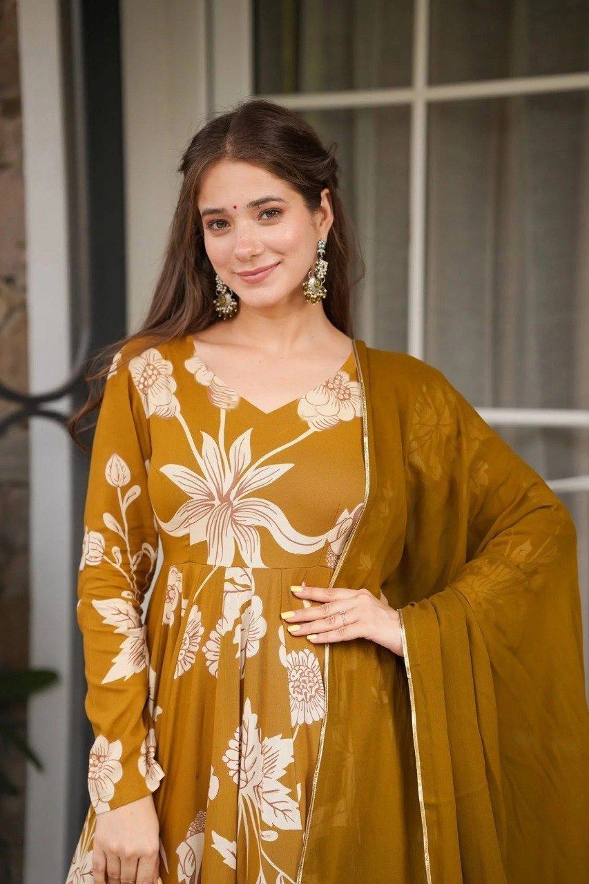 Premium Mustard Floral Flare Anarkali Suit with Coordinated Pants and Lightweight Draped Dupatta Outfit