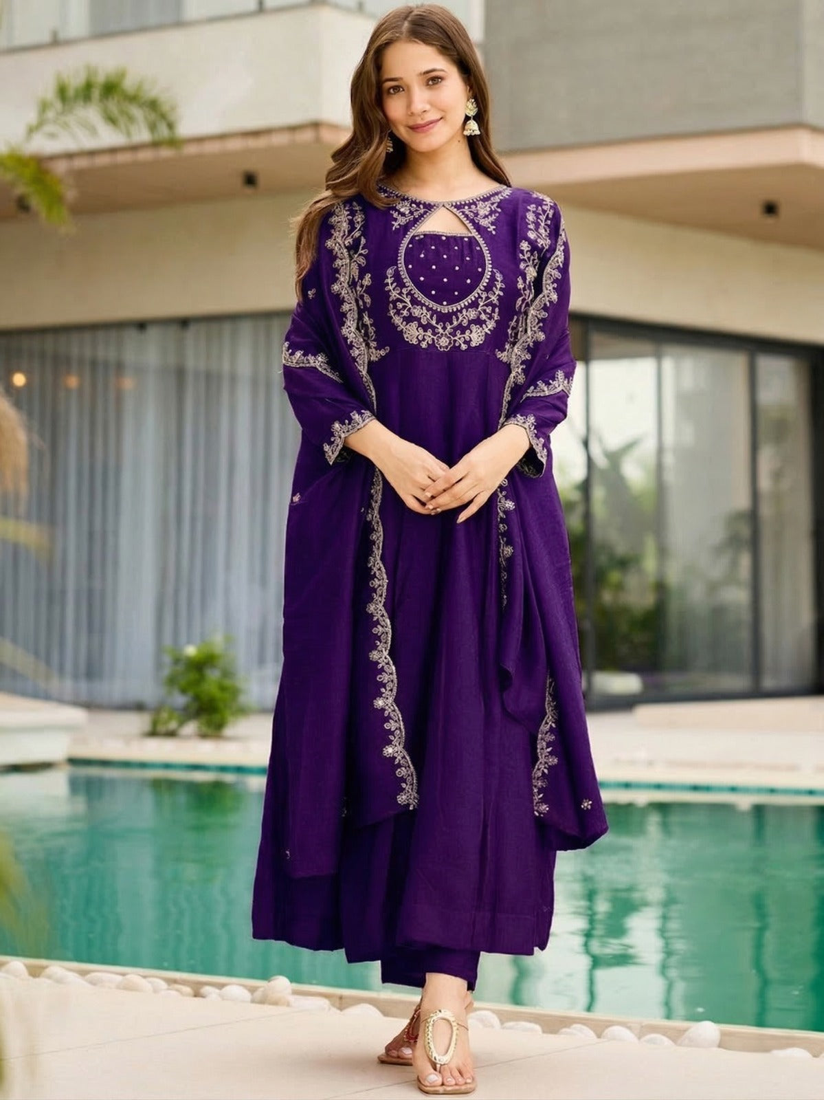 Elegant Vichitra Fabric Calf Length Straight Kurta Set
