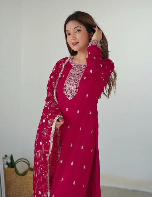 Rani Pink Festive Elegance – Embroidered Kurta, Pants & Dupatta Co-ord