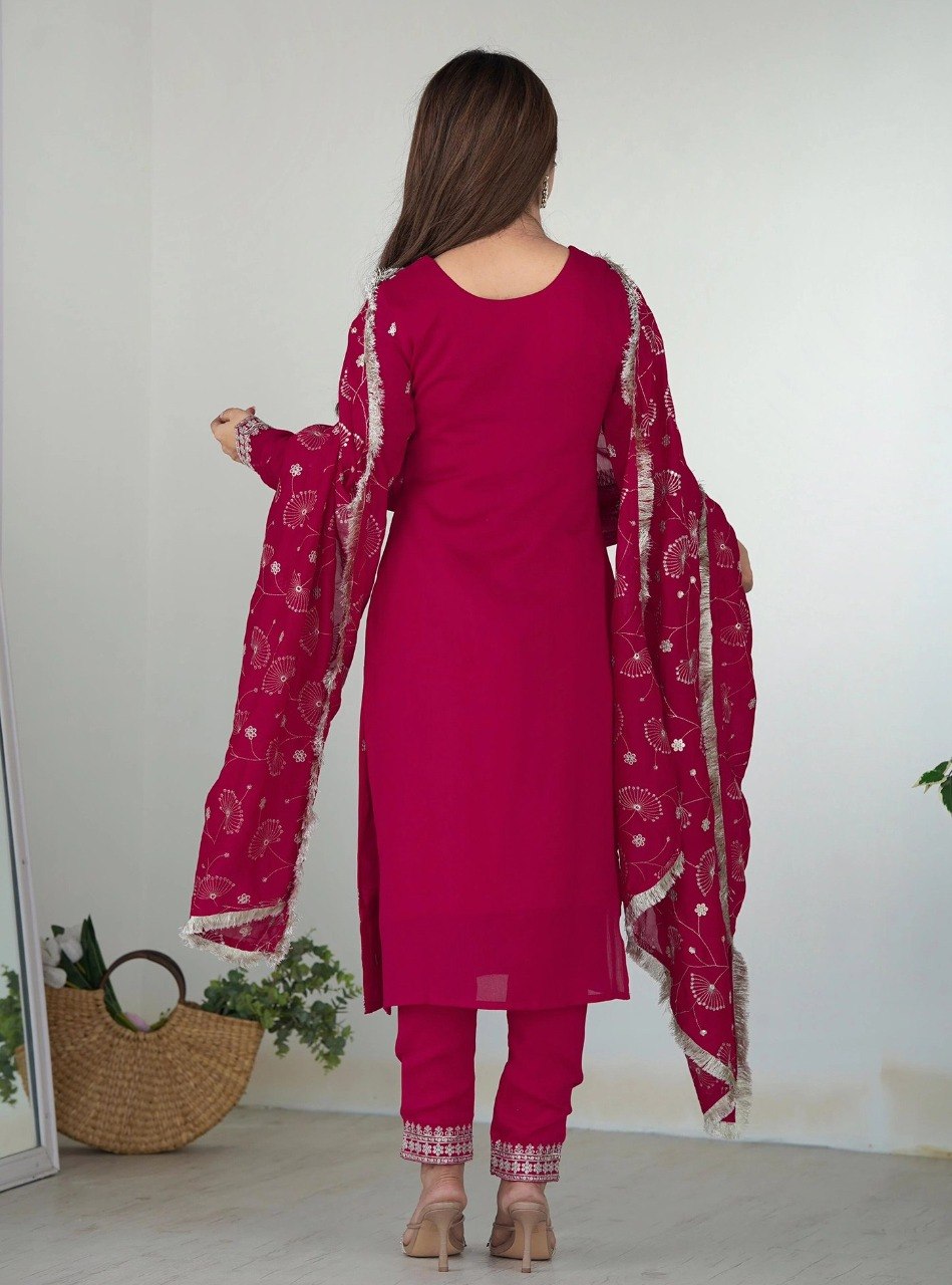 Rani Pink Festive Elegance – Embroidered Kurta, Pants & Dupatta Co-ord