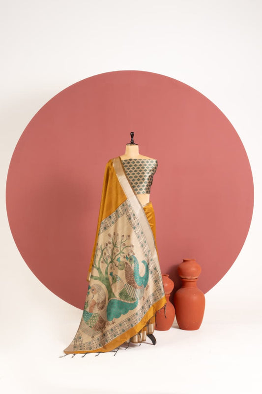 Soft Khadi Raw silk saree with beautiful kalamkari peacock print saree