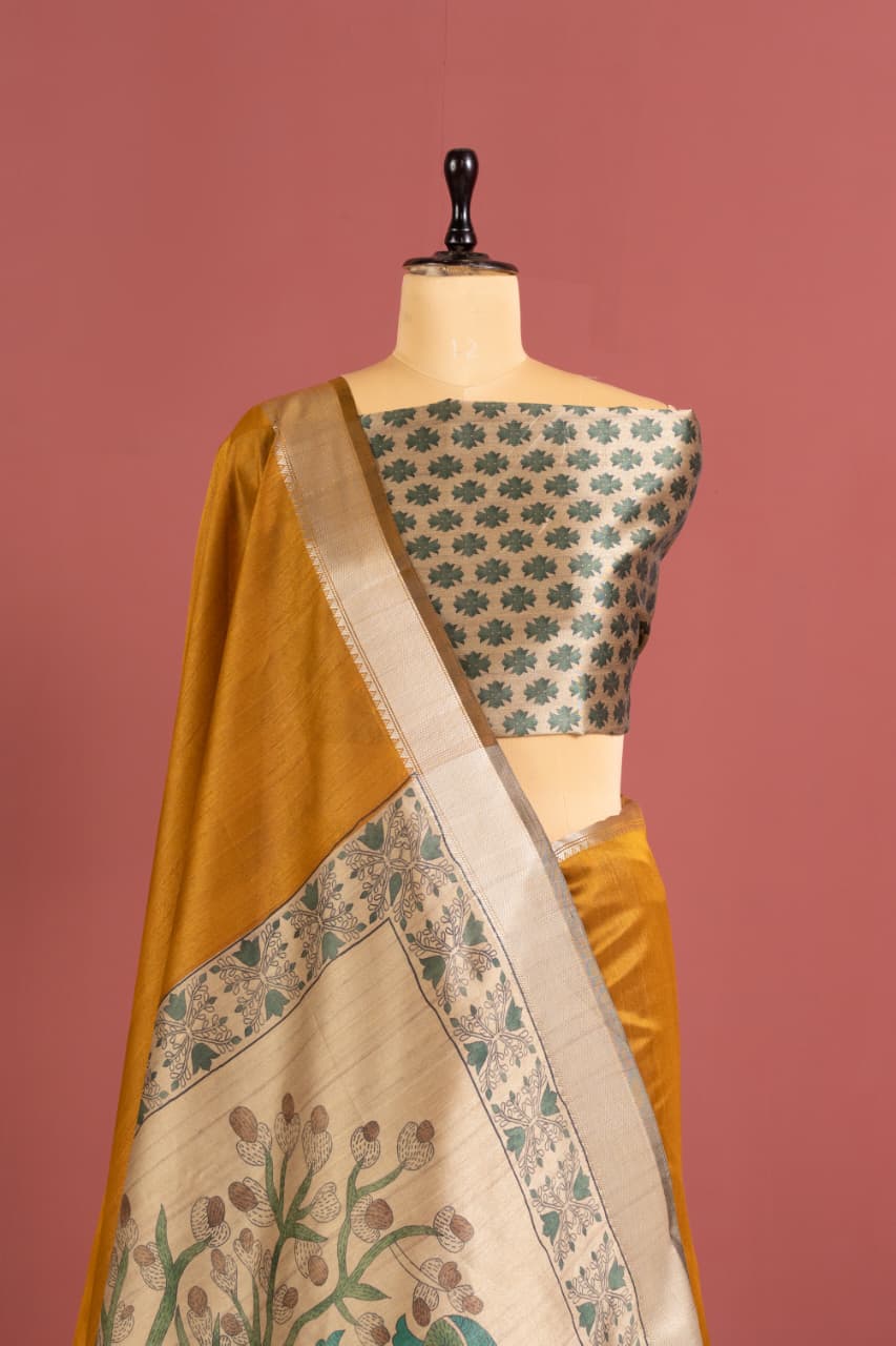 Soft Khadi Raw silk saree with beautiful kalamkari peacock print saree