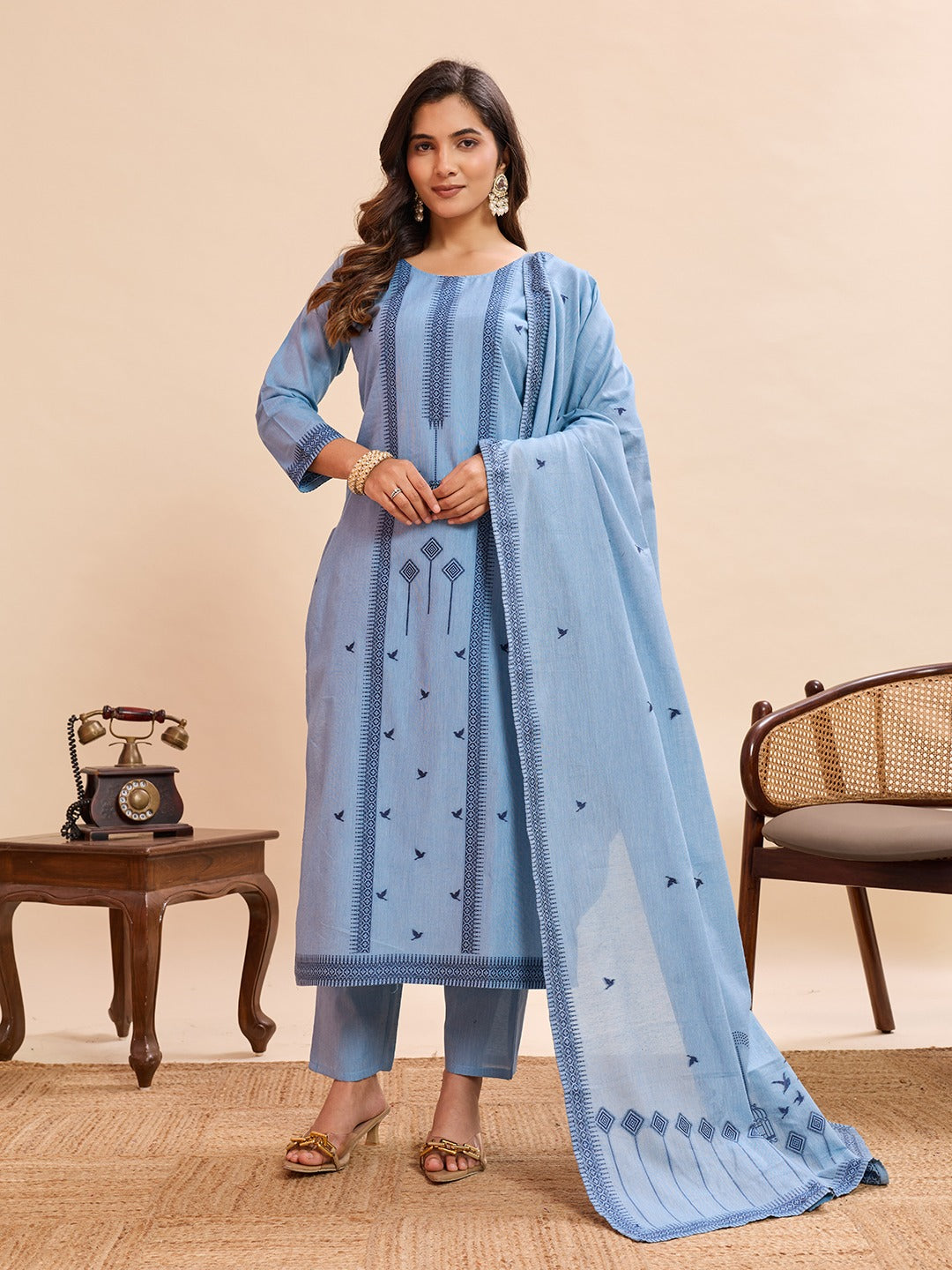 Elegant Pure Cotton Fabric Calf Length Straight Kurta Set