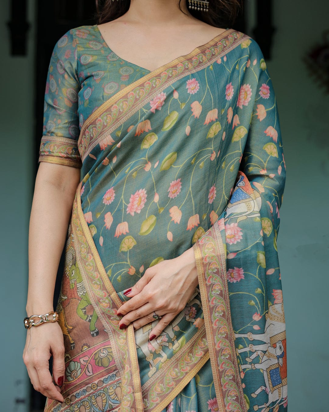 Elegant Teal Blue Floral Kalamkari Silk-Blend Saree with Heritage Borders