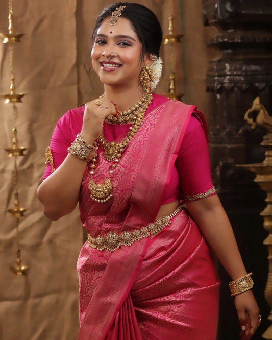 Silk Saree from the this store is adorned with beautiful Zari work in form of traditional motifs.
