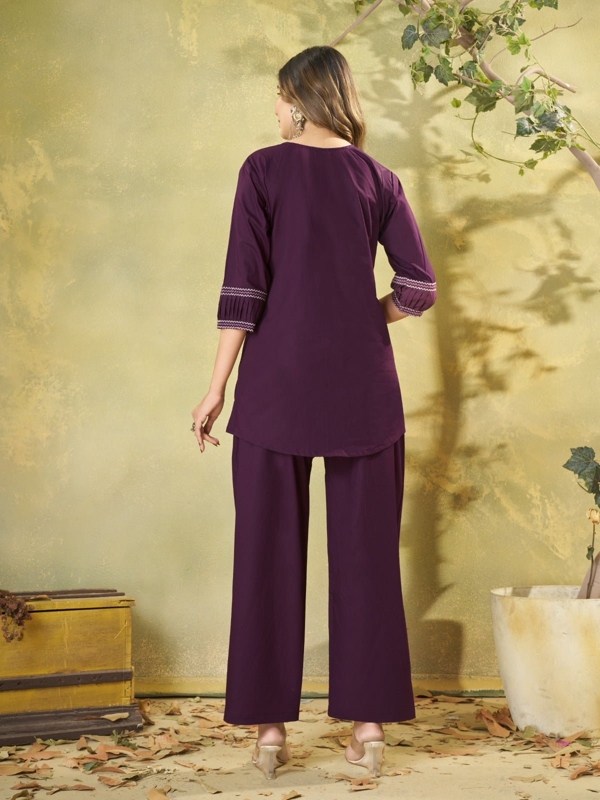 Women's Cotton-Blend Co-Ord Set – Casual Button-Down Tunic with Straight-Fit Pants featuring Delicate Kashmiri Embroidery Accents