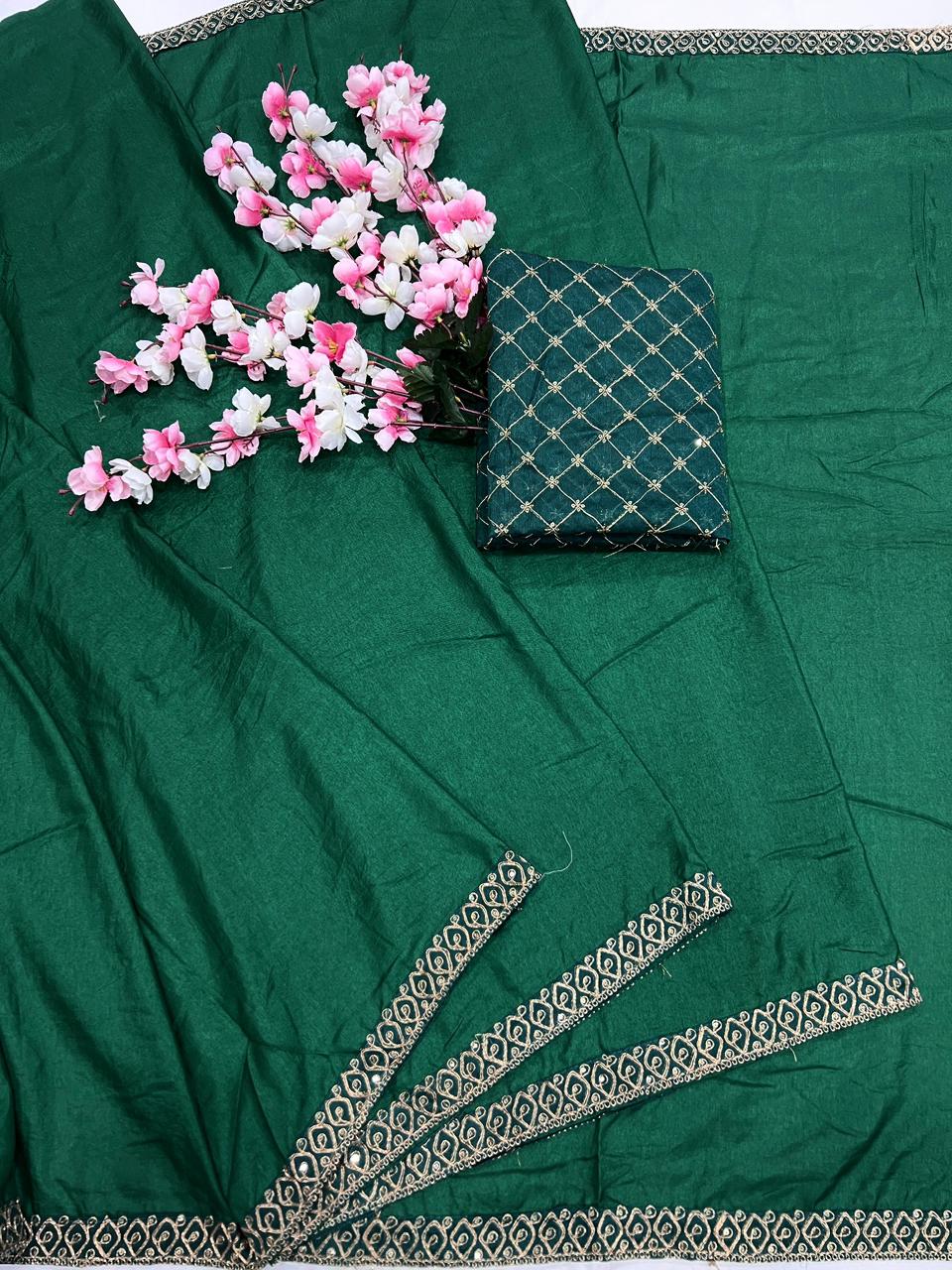 Dola Silk With Beautiful Embroidery Coding + Sequence Work On Lace Border saree