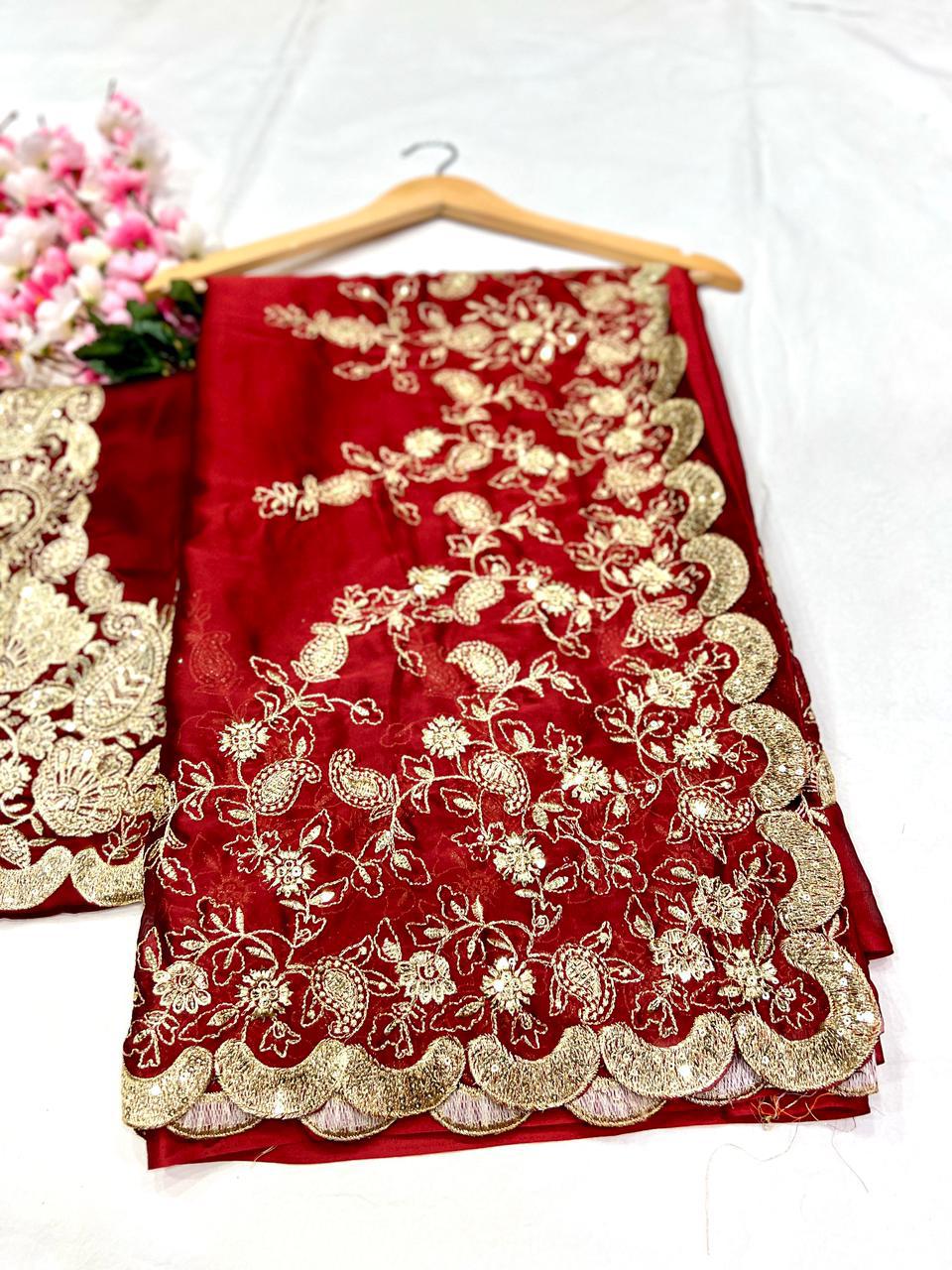 Heavy Rangoli Silk With Beautiful Zari + 3 M.M Sequence Embroidery Work And C-Pallu Cutwork saree