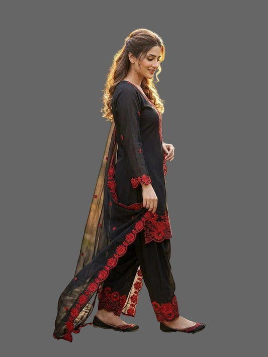 Women's Salwar Suit Set in Black Crape Silk with Sequin Embroidery