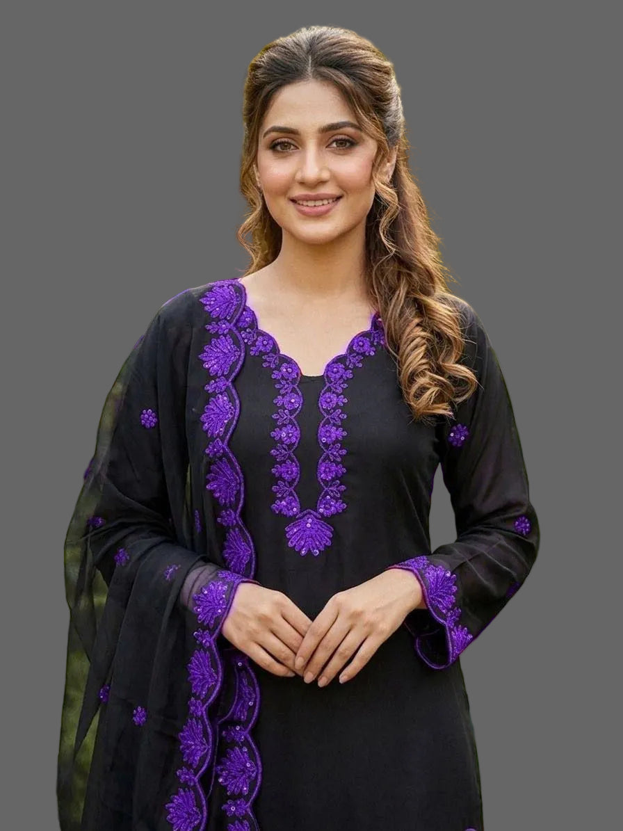 Women's Salwar Suit Set in Black Crape Silk with Sequin Embroidery