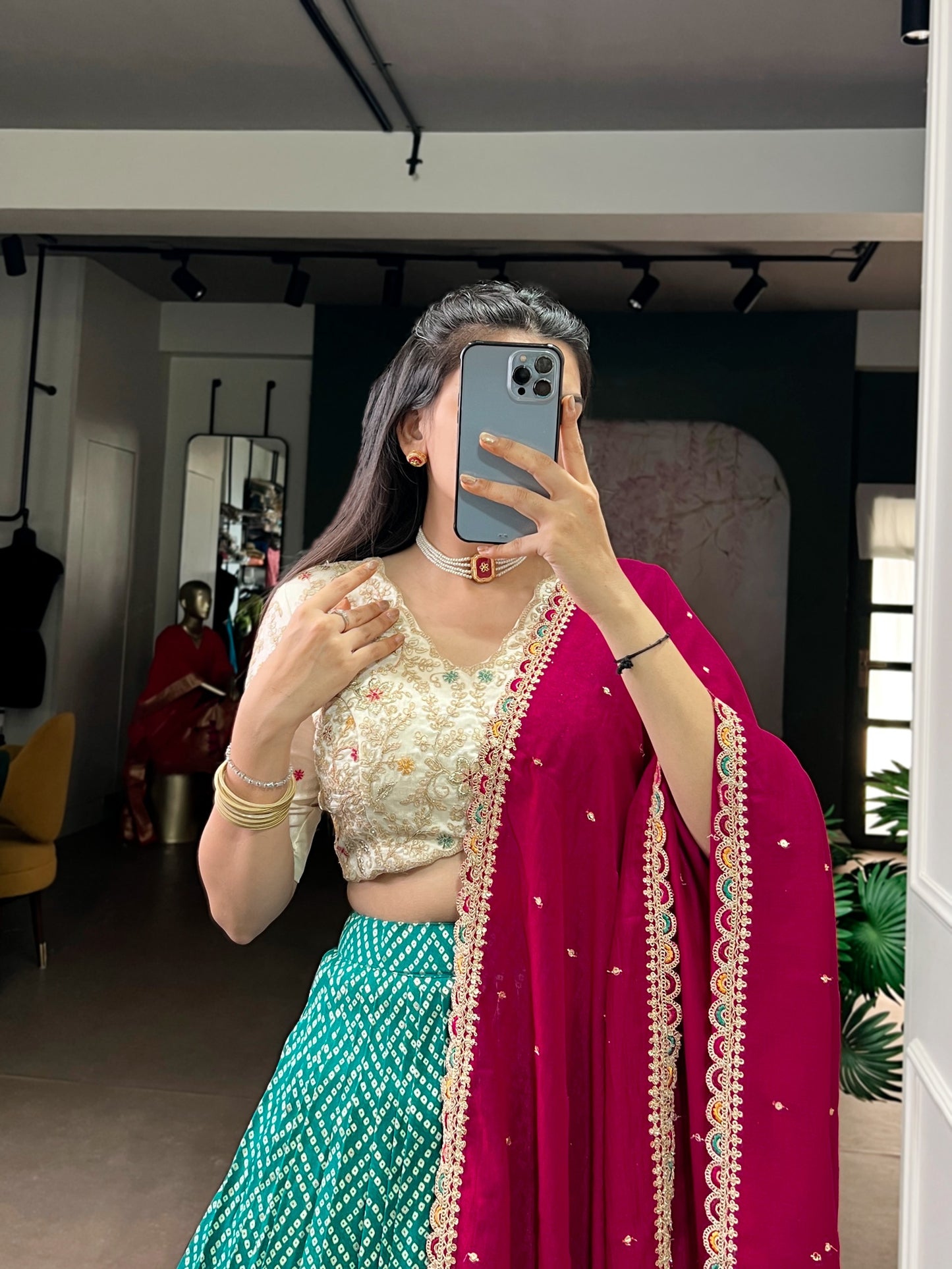 A beautiful blend of Bandhej and Ajrakh prints on soft rayon fabric, enhanced with delicate sequins, thread embroidery, and elegant lace detailing 🪞