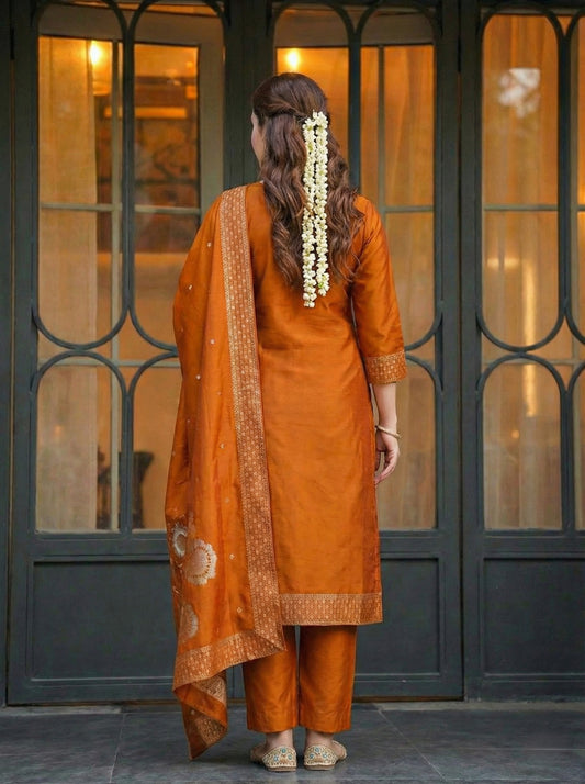 Elegant Silk jacquard Fabric Calf Length Straight Kurta Set