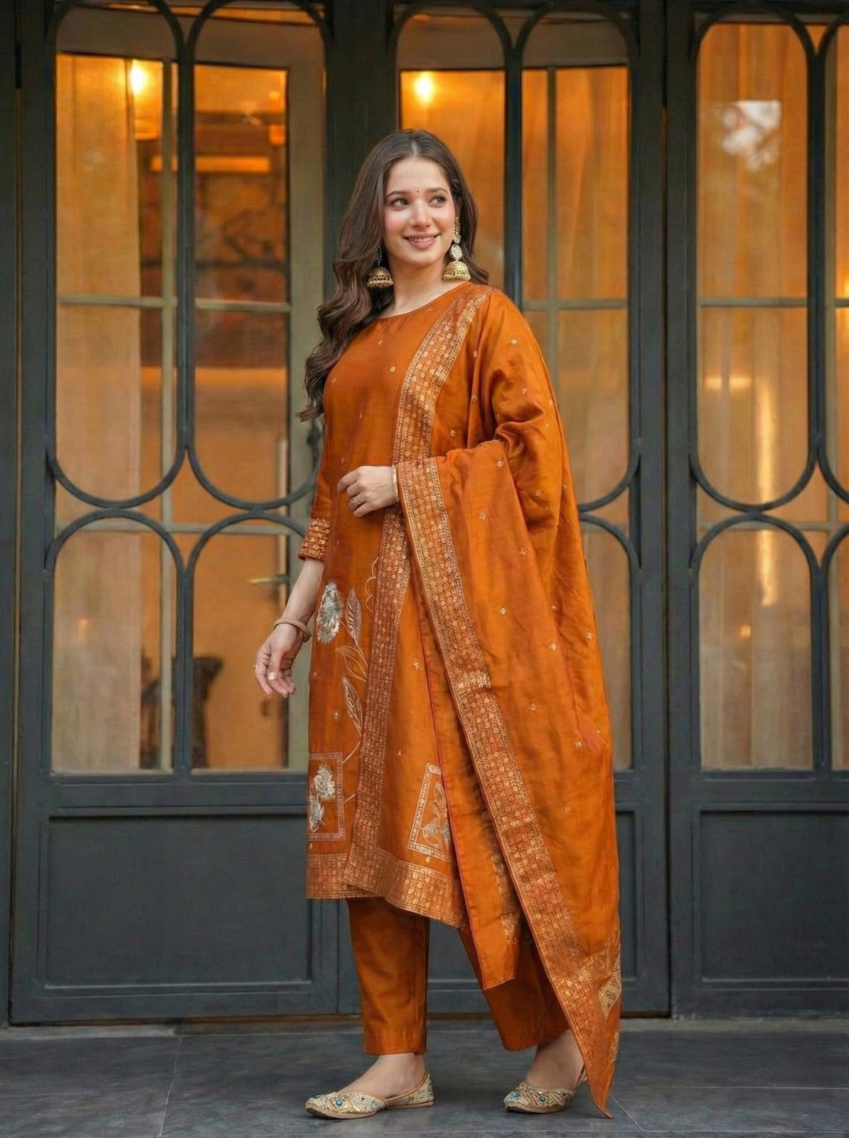 Elegant Silk jacquard Fabric Calf Length Straight Kurta Set