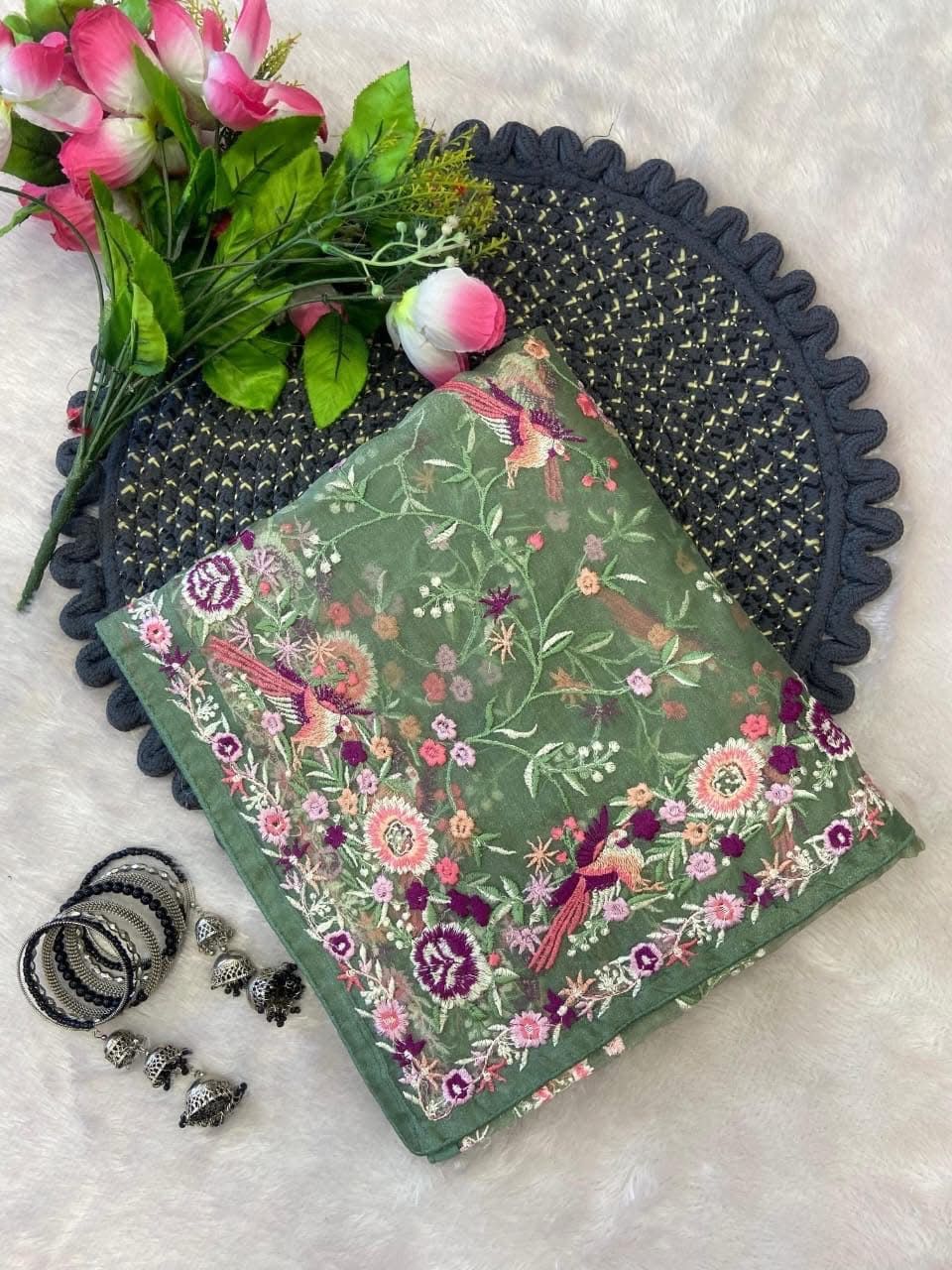 Sage Green Net Saree with Intricate Floral and Bird Embroidery