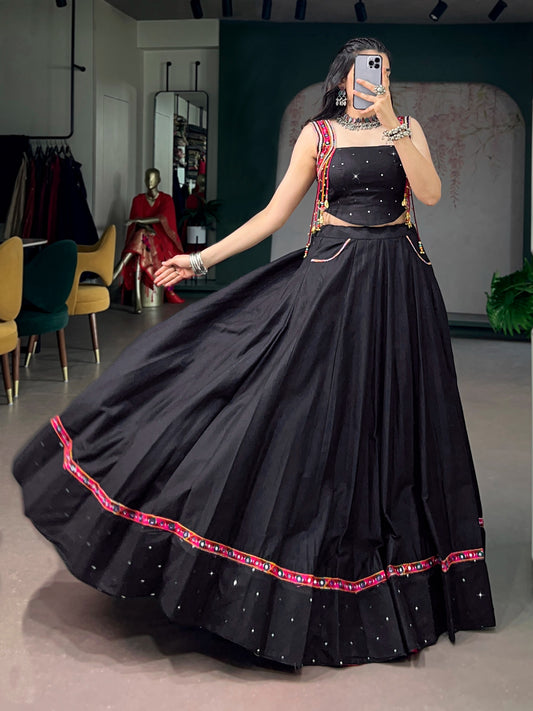 Contemporary Black Indo-Western Lehenga Choli with Festive Mirror-Work Border and Pocket Details